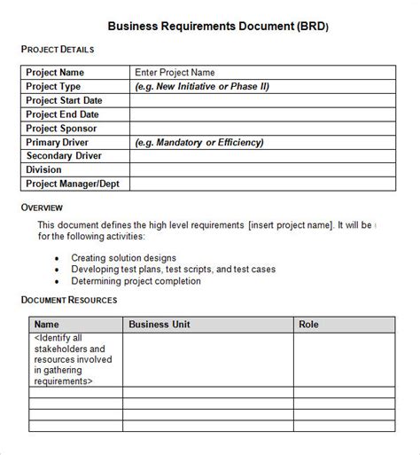 Business requirements document template in Word and Pdf formats - page